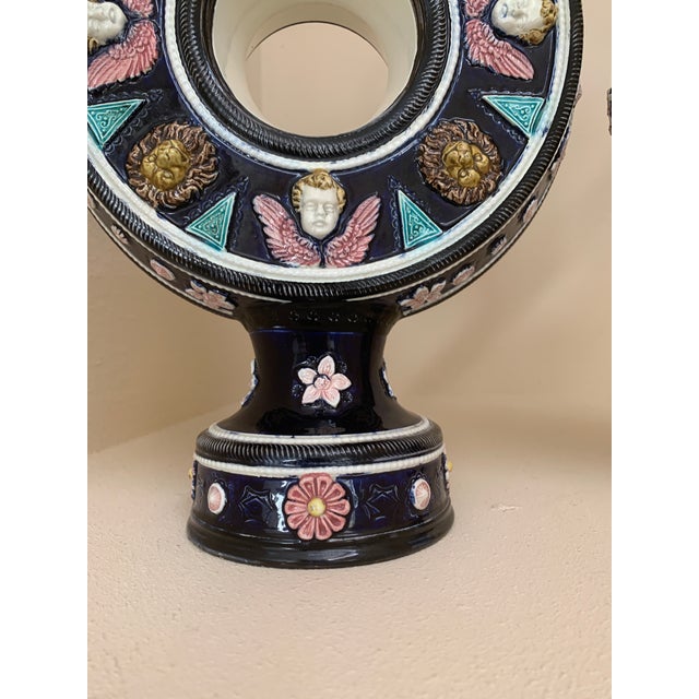 Navy Blue Antique Set -2 German Ceramic Ewers by Hugo Lonitz Lions and Cherubs For Sale - Image 8 of 11