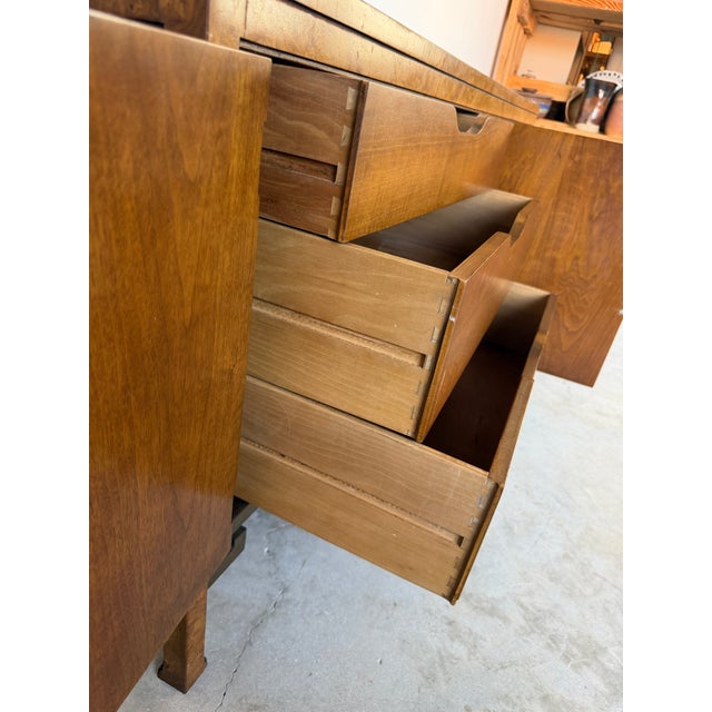Wood Vintage William Doezema Style Mastercraft Burl Wood Credenza With Brass Greek Key Details For Sale - Image 7 of 18
