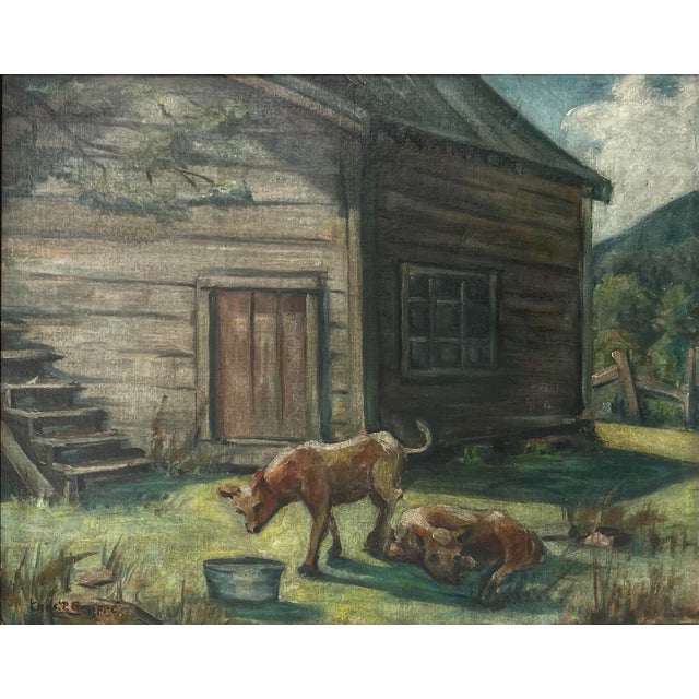 Farmhouse Antique Tonalist Painting Farmyard With Animals Signed Charles P. Gruppe. For Sale - Image 3 of 9
