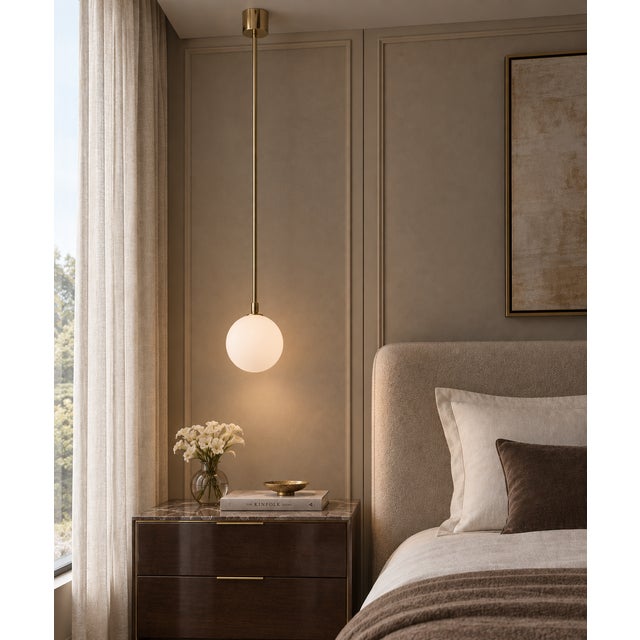 Glass Uno Polished Brass Matte White Globe Pendant by Fabio LTD For Sale - Image 7 of 7