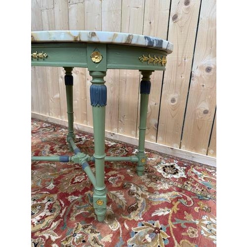 Green Louis XVI Style Oval Pedestal Table with Marble Top For Sale - Image 8 of 9