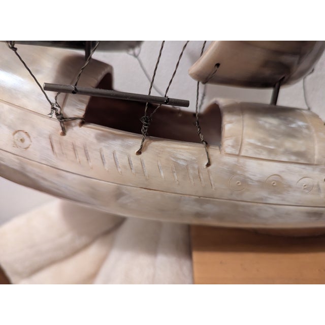 Charcoal Vintage Large Carved Horn Ship With Five Sails For Sale - Image 8 of 8