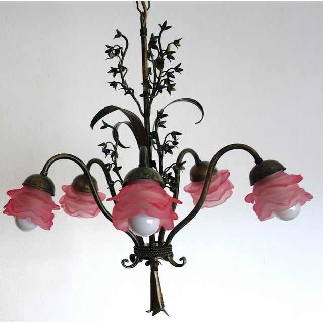 Vintage Green-Gold Patinated Metal Pink Shade Chandelier, 1970s For Sale - Image 12 of 18