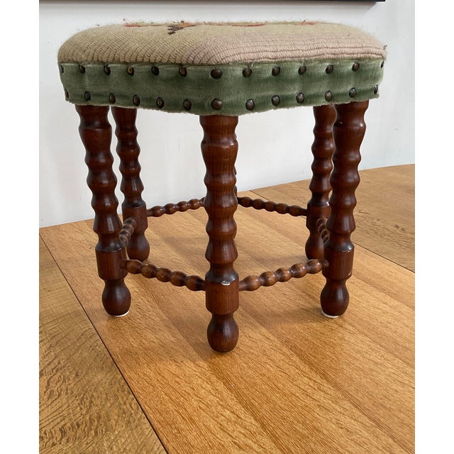 Mid-Century Modern Vintage Mid-Century Oak Footstool With Geometric Needlepoint Tapestry For Sale - Image 3 of 8