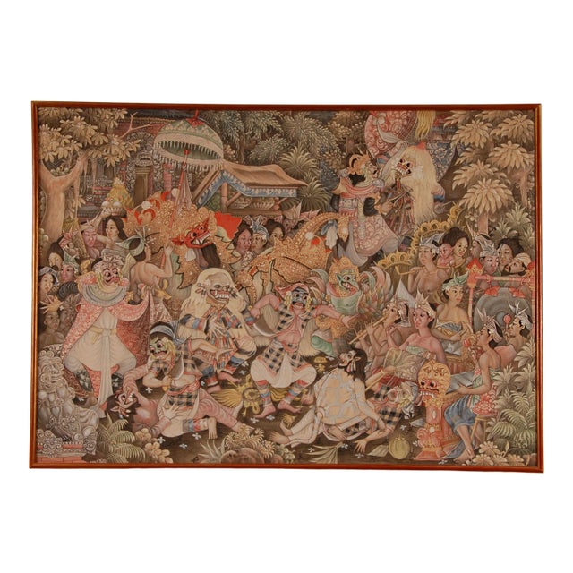 Mid Century Asian Oil Painting Javanese Indonesian Carnival on Bali (Ubud) Hand Painted on Linen Framed Tariff Free Delivery For Sale