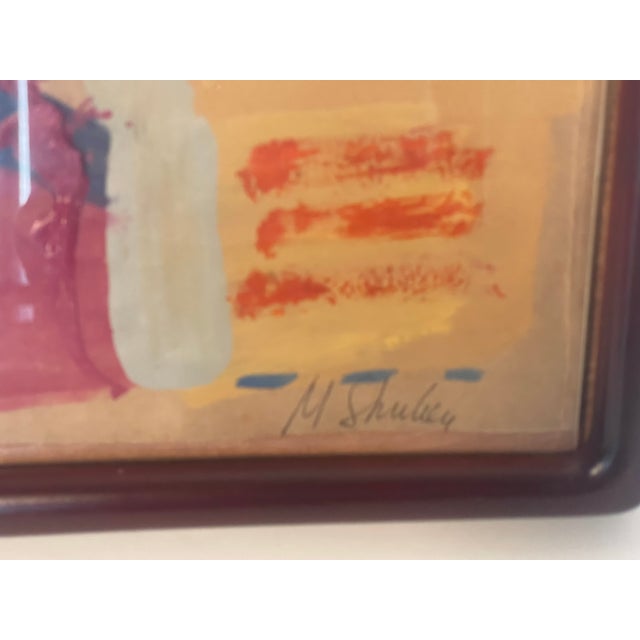 Colorful abstract painting acrylic on brown paper signed Mariana Shulga . Framed in mahogany frame.