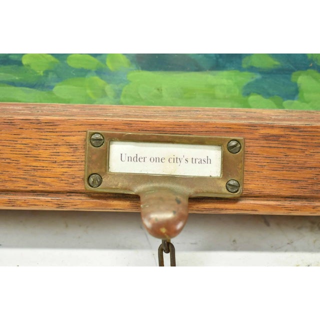 1970s Vintage Cartoon Oil Painting on Wood Boy Swinging in City Park Illustration Art For Sale - Image 5 of 9