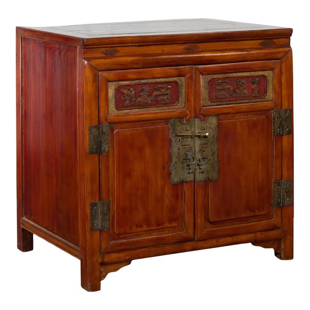 Antique Chinese Side Cabinet with Carved Panels, Gilt Accents and Hidden Drawers For Sale