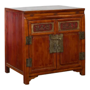 Antique Chinese Side Cabinet with Carved Panels, Gilt Accents and Hidden Drawers