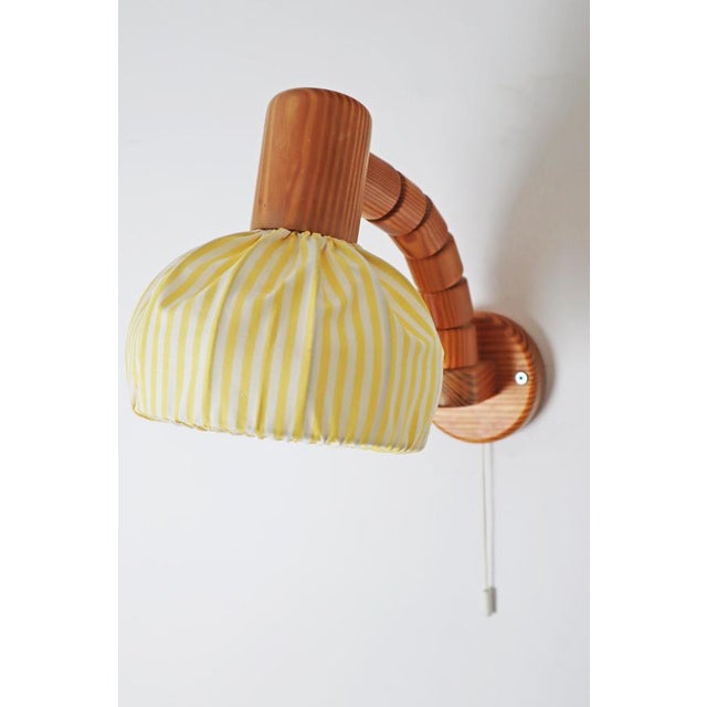 Swedish Wall Lamp in Pine Wood with Yellow and White Fabric Shade, 1980s For Sale - Image 14 of 18
