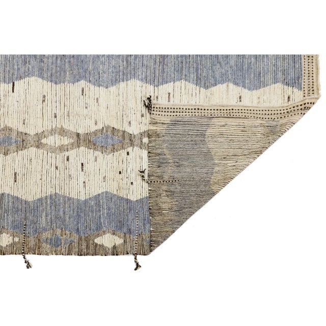 Tribal 11 X 14 Modern Moroccan Tribal Style Wool Rug in Beige and Blue For Sale - Image 3 of 9