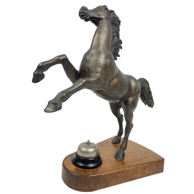 Bronze Horse Sculpture with Walnut Base and Reception Bell, 1940s For Sale