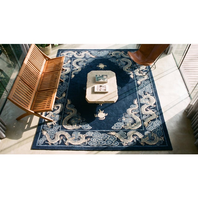 1900s Blue Navy Dragon Medallion Antique Chinese Peking Carpet 4'8" X 5'10" Knotted Wool Rug For Sale - Image 17 of 18