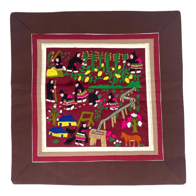 Laos Hmong Story Pillow Cover with Hand Embroidered Garden Scene For Sale