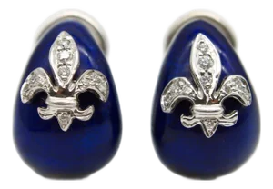 1990s 18k White Gold Hidalgo Enamel Fleur-De-Lis Diamond Earrings, A Pair