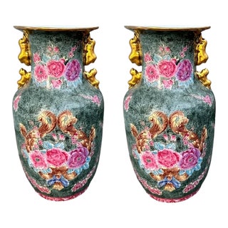 Pair of Large Vintage Chinoiserie Green & Pink Rose Famille Peonies Porcelain Vases W/Double Ears For Sale