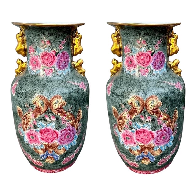 Pair of Large Vintage Chinoiserie Green & Pink Rose Famille Peonies Porcelain Vases W/Double Ears For Sale
