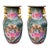 Pair of Large Vintage Chinoiserie Green & Pink Rose Famille Peonies Porcelain Vases W/Double Ears For Sale