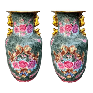 Pair of Large Vintage Chinoiserie Green & Pink Rose Famille Peonies Porcelain Vases W/Double Ears