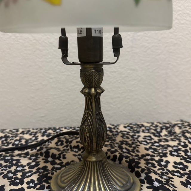 Victorian Vintage Shanghai Union Arts & Craft Co. Reverse Painted Floral Table Lamp With Frosted Glass Shade For Sale - Image 3 of 7