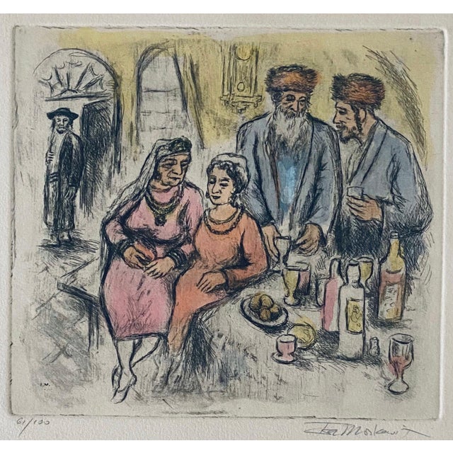 Post Impressionist Ira Moskowitz, Judaica interior scene etching with hand coloring For Sale - Image 3 of 8