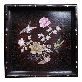 Late 19th Century Square Wooden Tray With Mother-of-Pearl Bird and Peony Inlay For Sale