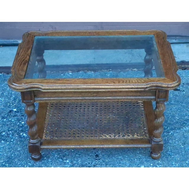 Mid-Century Barley Twist Oak and Cane Tiered Glass Top Side Table For Sale In Washington DC - Image 6 of 12