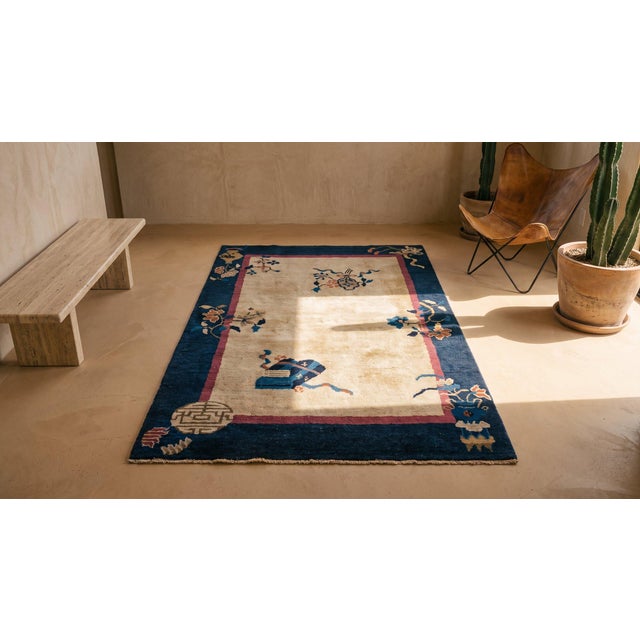 Textile 1920s Beige Floral Antique Art Deco Chinese Rug 3'2" X 5'0" Handknotted Pile Wool Carpet For Sale - Image 7 of 7