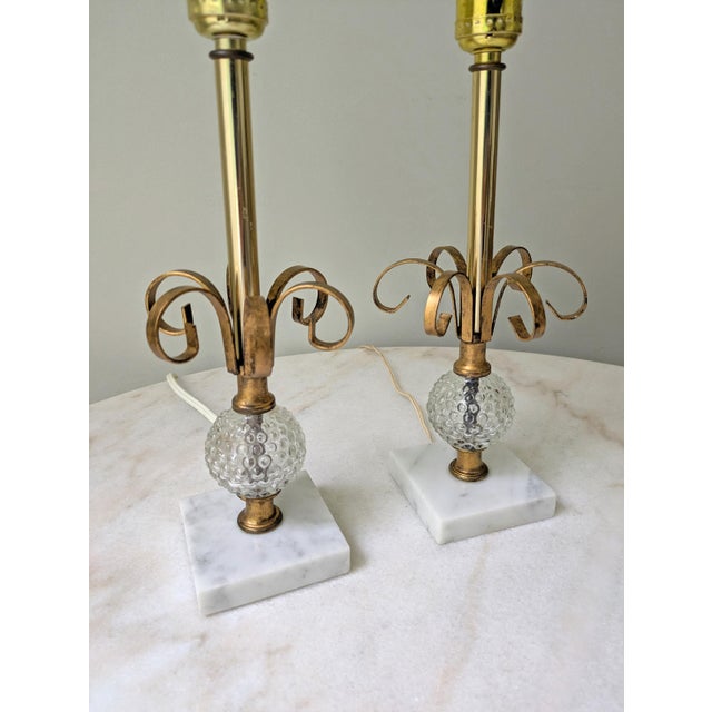 Mid 20th Century Vintage Marble & Hobnail Glass Vanity Table Lamps, a Pair For Sale - Image 5 of 9