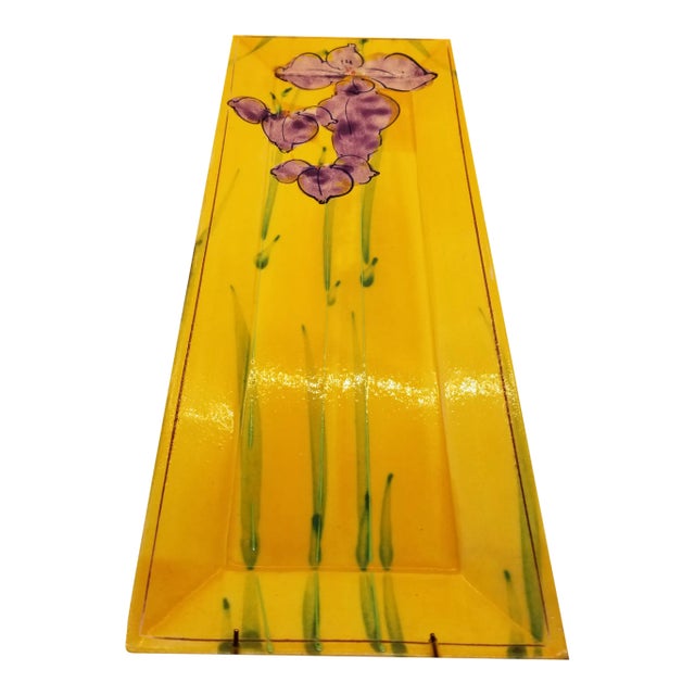 1970s Vintage Signed Hand Painted Iris Flowers on Red Art Pottery, Signed For Sale