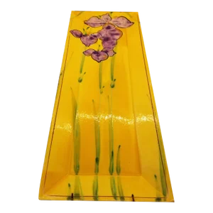 1970s Vintage Signed Hand Painted Iris Flowers on Red Art Pottery, Signed