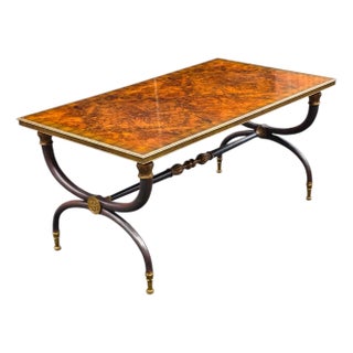 La Barge Neoclassical Revival Dark Patinated Iron, Brass and Burl Wood X-Curule Form Coffee Table For Sale