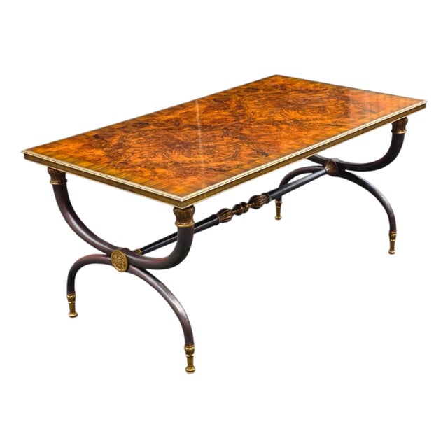 La Barge Neoclassical Revival Dark Patinated Iron, Brass and Burl Wood X-Curule Form Coffee Table For Sale