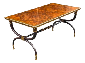 La Barge Neoclassical Revival Dark Patinated Iron, Brass and Burl Wood X-Curule Form Coffee Table