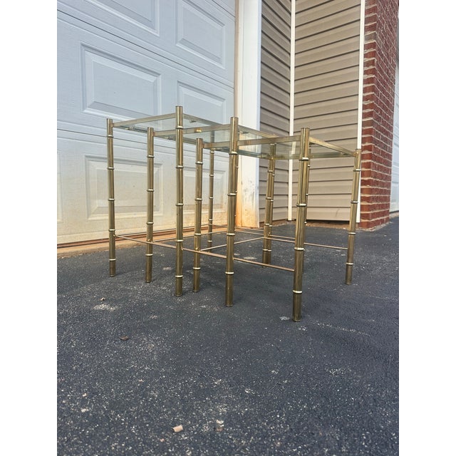 Maison Baguès Style Brass Faux Bamboo Glass Nesting Tables – Hollywood Regency Mid-Century Set of 3 For Sale - Image 10 of 12