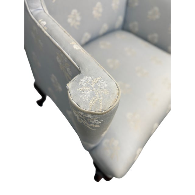 Baker Furniture Attributed Blue Damask Wingback Chairs - A Pair For Sale - Image 14 of 15