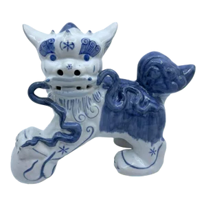 Vintage Blue and White Chinoiserie Foo Dog Statue