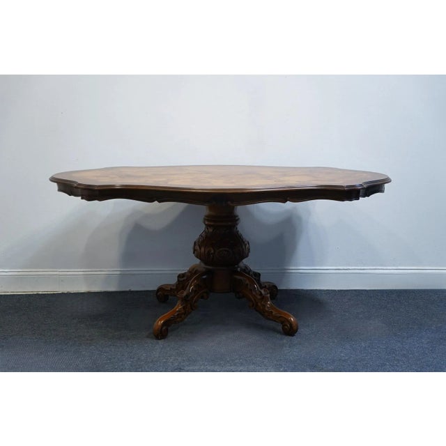 ANTIQUE VINTAGE Renaissance Revival Burled Walnut 68" Pedestal Dining Table • 30.25” High • 68.25” Wide • 43” Deep •...