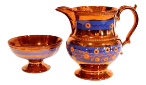 English Copper Lustre Ware Jug With Berry Frieze on Blue and Similar Tazza Sugar Bowl