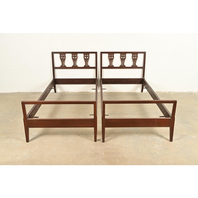 Brown Baker Furniture Style Antique Italian Neoclassical Carved Walnut Twin Size Beds, Pair For Sale - Image 8 of 8