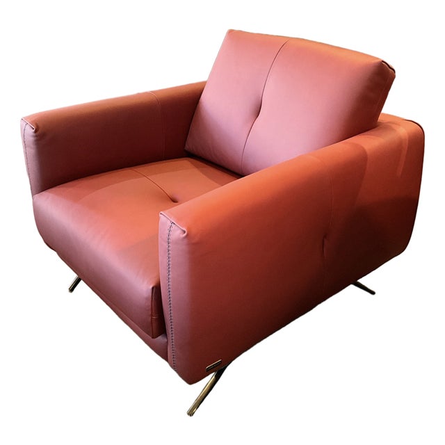 Dante Italian Modern Poppy Leather Lounge Chair With Bronze Stainless Steel Base For Sale