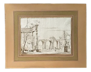 Venetian School Artist, Landscape with Ruins, 1700s, China Ink Drawing