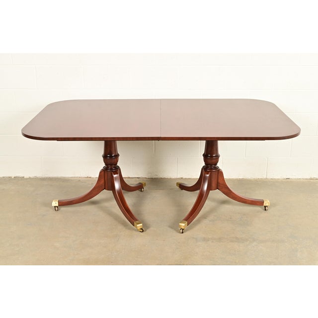 Wood Baker Furniture Style Georgian Mahogany Double Pedestal Extension Dining Table, Newly Refinished For Sale - Image 7 of 14