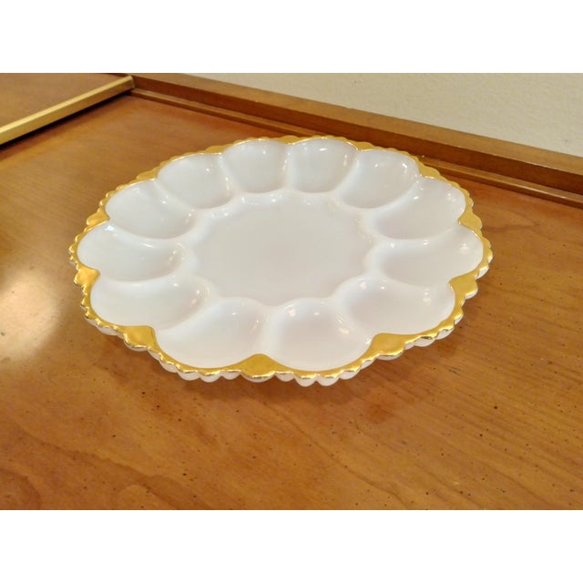 Vintage Anchor Hocking Milk Glass Egg Plate With Gold Trim For Sale - Image 4 of 5