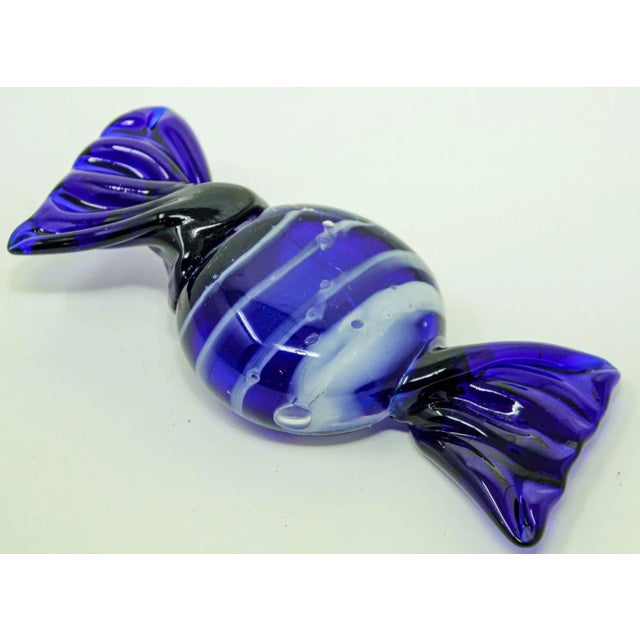 Blue Vintage Murano Decorative Blown Glass Wrapped Blue Hard Candy Paper Weight 6.5" For Sale - Image 8 of 13