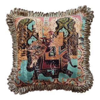 Indian Chinoiserie Velvet Pillow With Fringe - the Sultan Ride in Turquoise For Sale