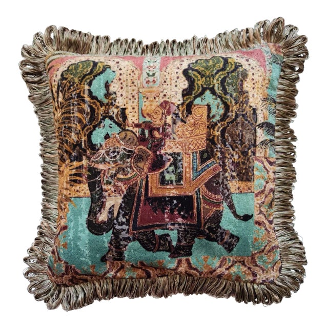Indian Chinoiserie Velvet Pillow With Fringe - the Sultan Ride in Turquoise For Sale