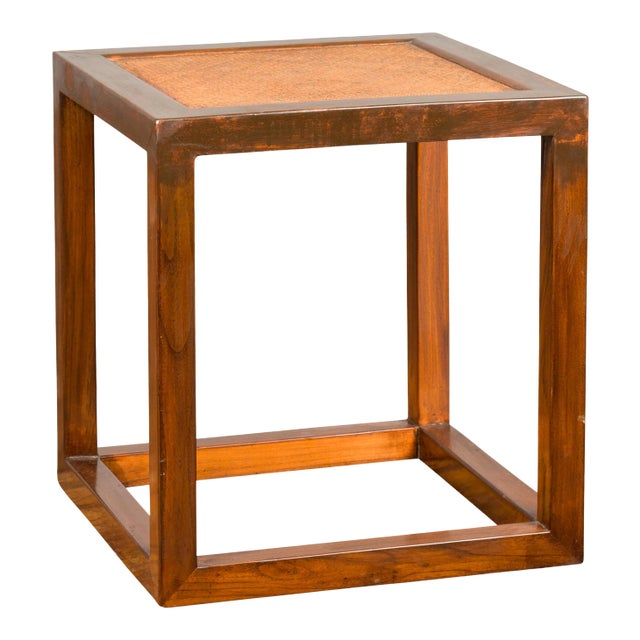 Chinese Vintage Cubic Side Table with Rattan Top, Straight Legs and Stretchers For Sale