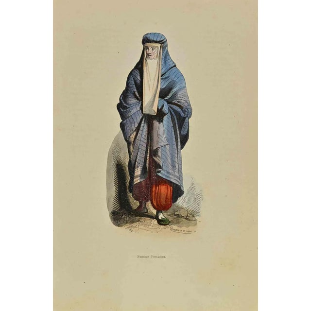 Persian Woman is a lithograph made by Auguste Wahlen in 1844. Hand colored. Good condition. At the center of the artwork...