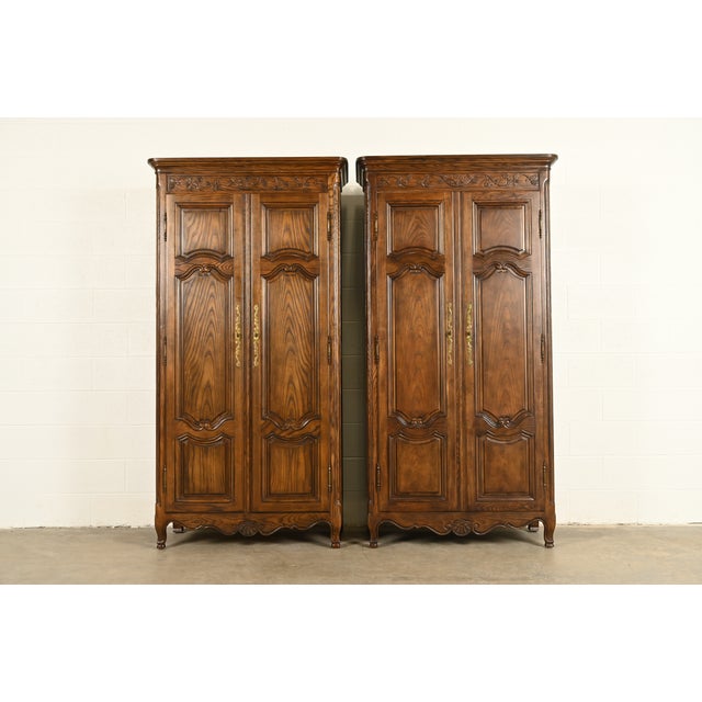 Baker Furniture French Provincial Louis XV Carved Oak Armoire Dressers or Linen Presses, Pair For Sale - Image 18 of 18